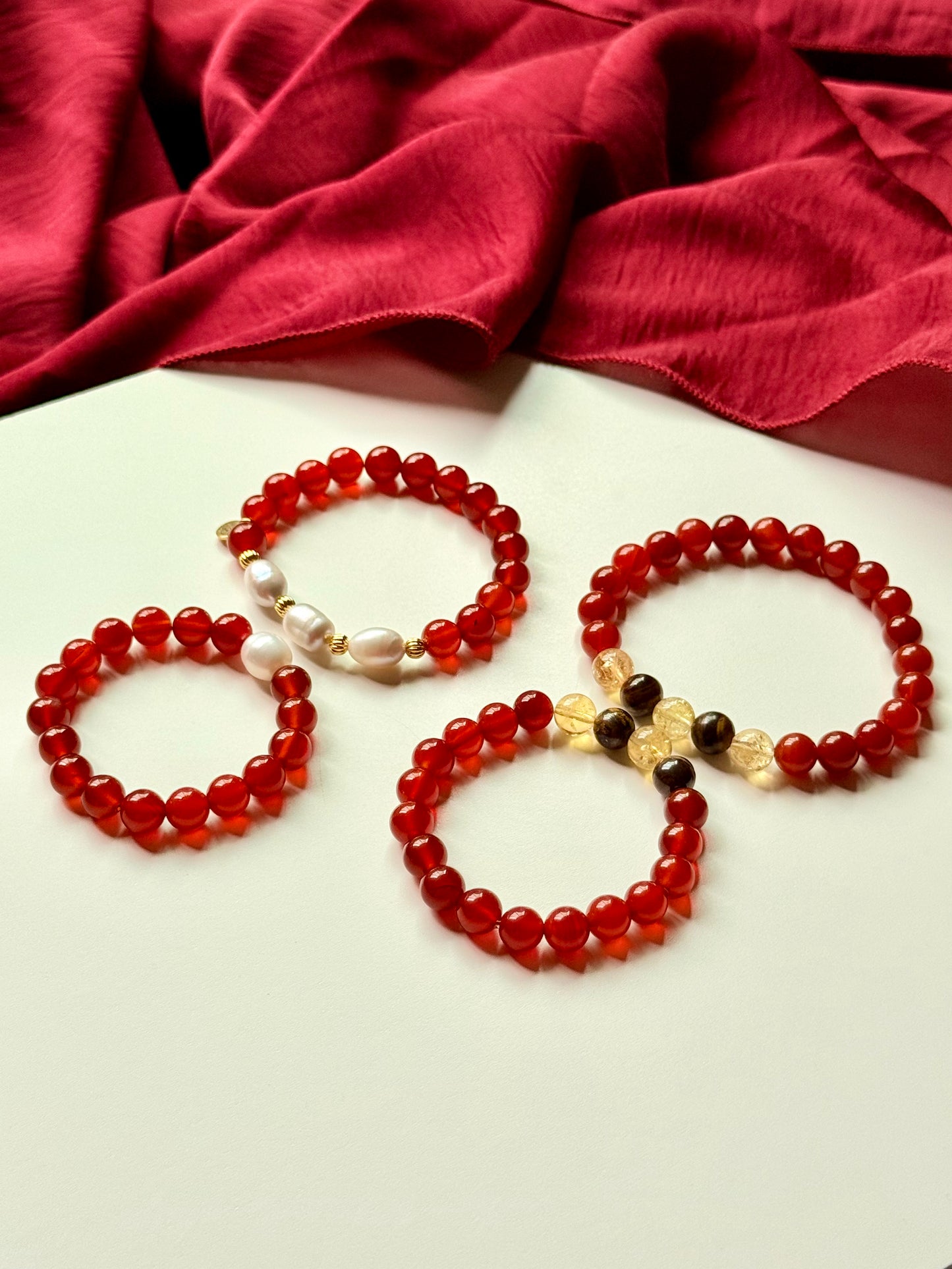 Red Agate - Natural Pearl - Tiger Eye - Citrine Family Bracelet Set