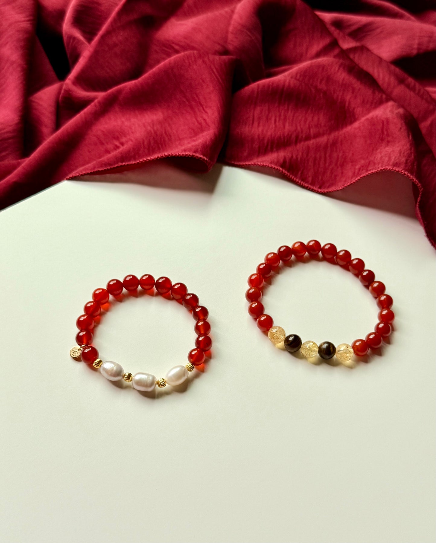 Red Agate - Natural Pearl - Tiger Eye - Citrine Family Bracelet Set