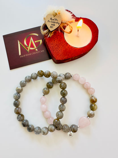 Labradorite-Rose Quartz (Woman) + Labradorite (Man) Couple Bracelet