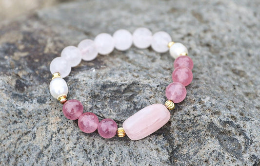 Rose Quartz-Strawberry Quartz-Pearl Bracelet