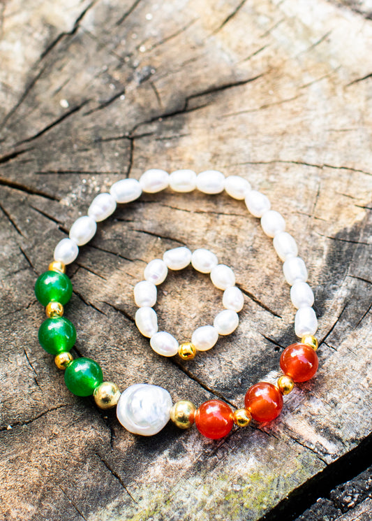 Freshwater Pearl-Carnelian-Jade Bracelet + Pearl Ring