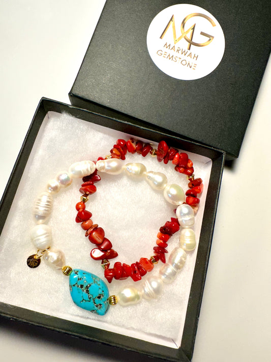 Chipped Coral + Pearl and Turquoise Bracelet Set