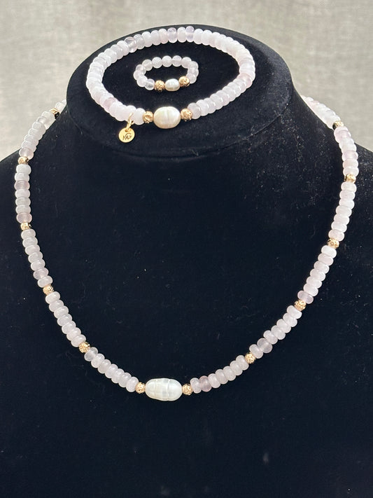 Rose Quartz Set: Necklace, Bracelet, Ring