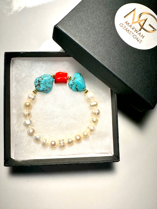 Turquoise-Coral-Pearl Bracelet
