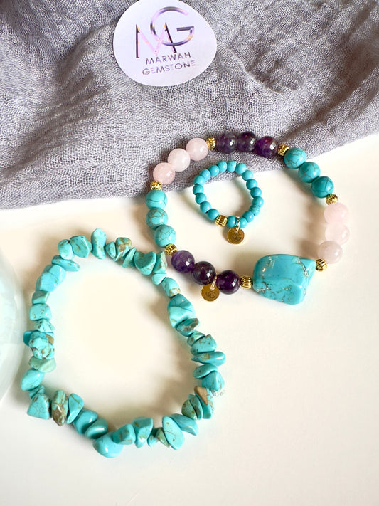 Chipped Turquoise + Turquoise-Rose Quartz-Amethyst + Turquoise Ring Set