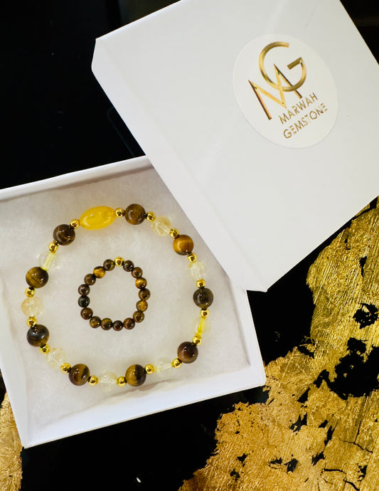 Amber-Tiger eye-Citrine Bracelet + Tiger eye Ring