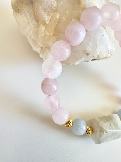 Rose Quartz-Aquamarine-Raw Moonstone Bracelet