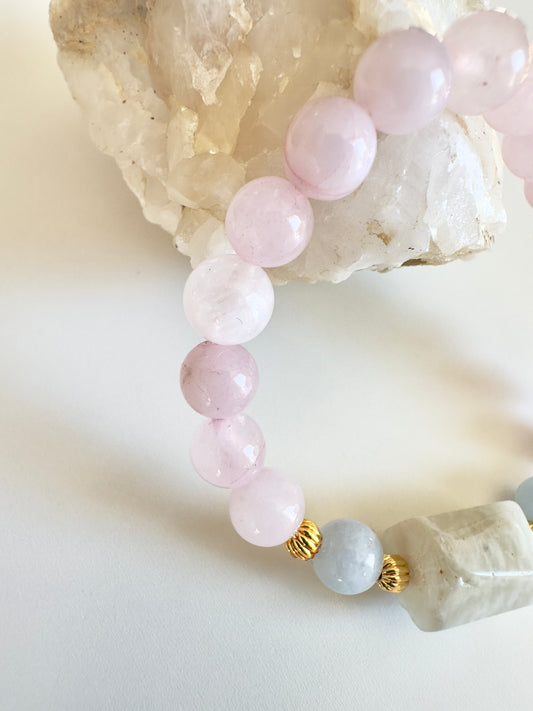 Rose Quartz-Aquamarine-Raw Moonstone Bracelet